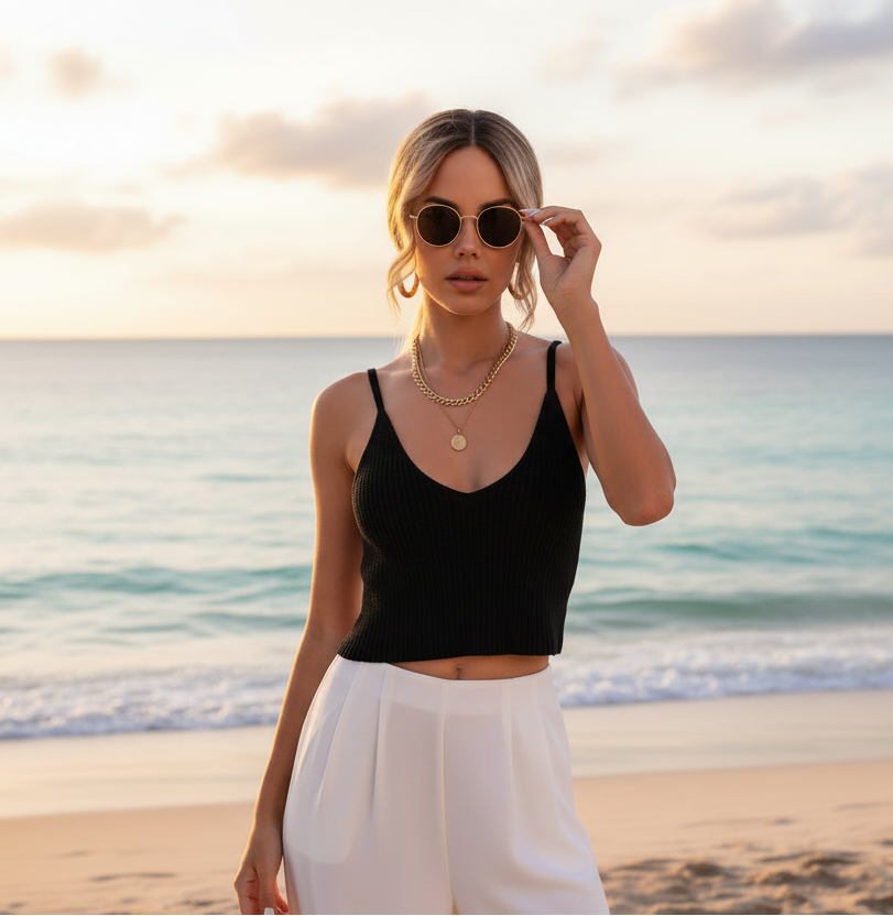 White Ribbed Knit V-Neck Cami Sweater