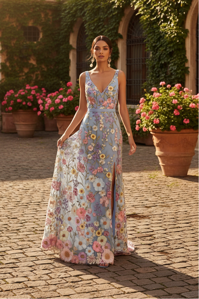 V-Neck Floral Embroidered Evening Gown