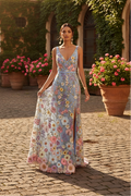 V-Neck Floral Embroidered Evening Gown