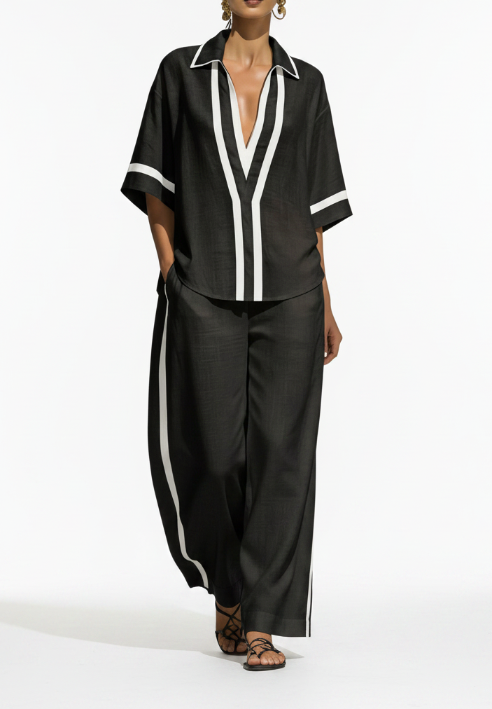Deep V Contrast Blouse & Wide-Leg Set