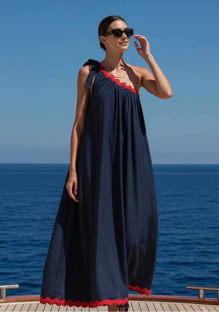Scallop One-Shoulder Tie Dress