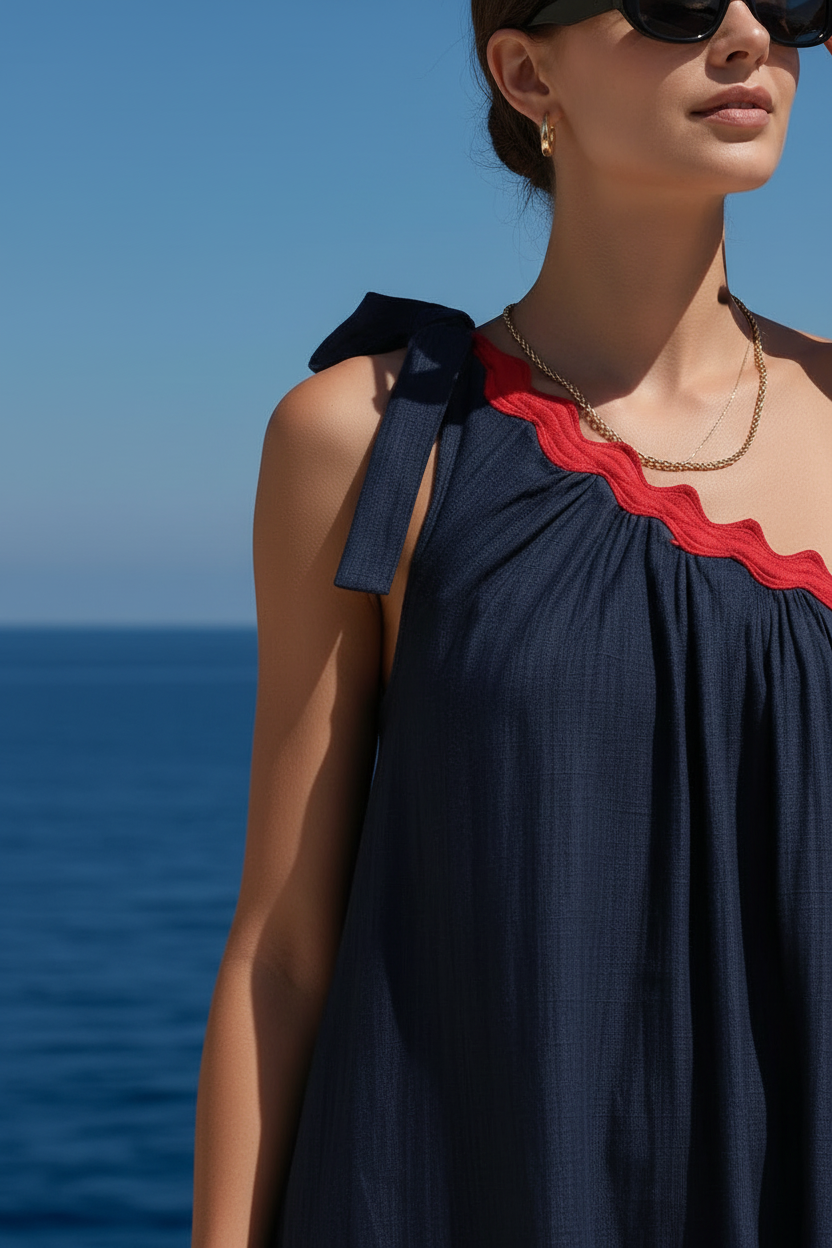 Scallop One-Shoulder Tie Dress