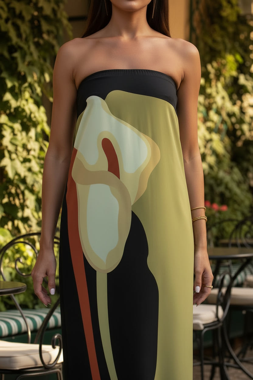 Strapless Green & Deep Onyx Calla Lily Printed Column Dress
