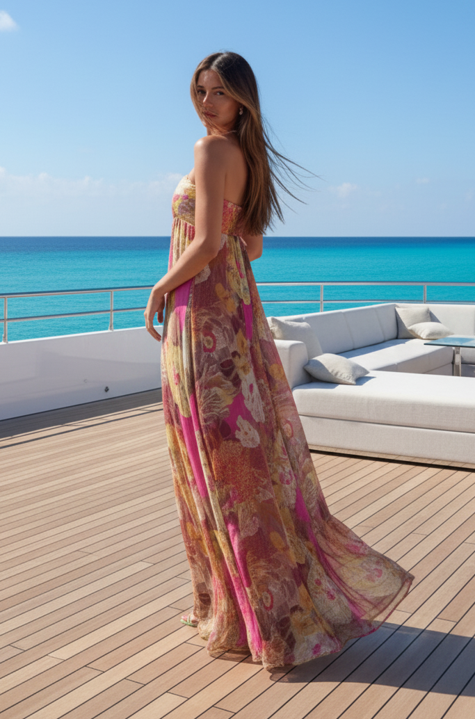 Strapless Floral Printed Maxi Dress