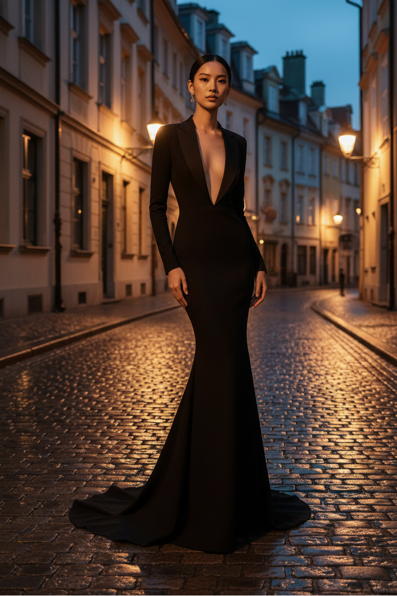 Plunging V-Neck and Open Back Tux Gown