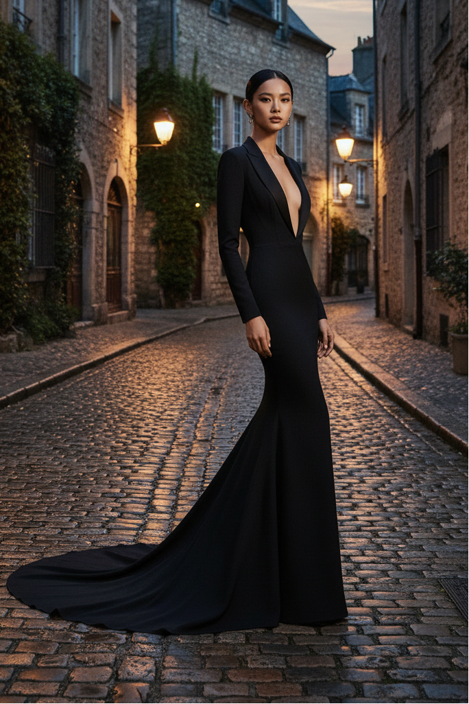 Plunging V-Neck and Open Back Tux Gown