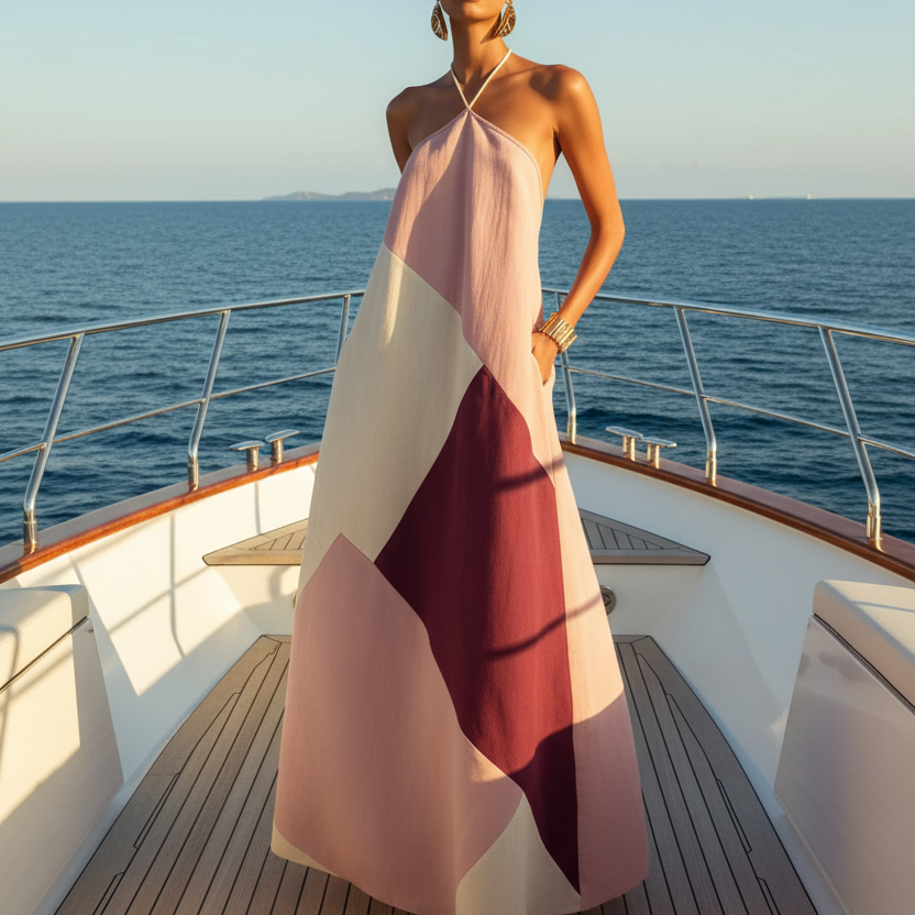 Geometric Block Boho Halter Dress