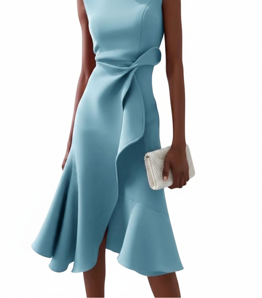 Round-Neck Side Ruffle Dress