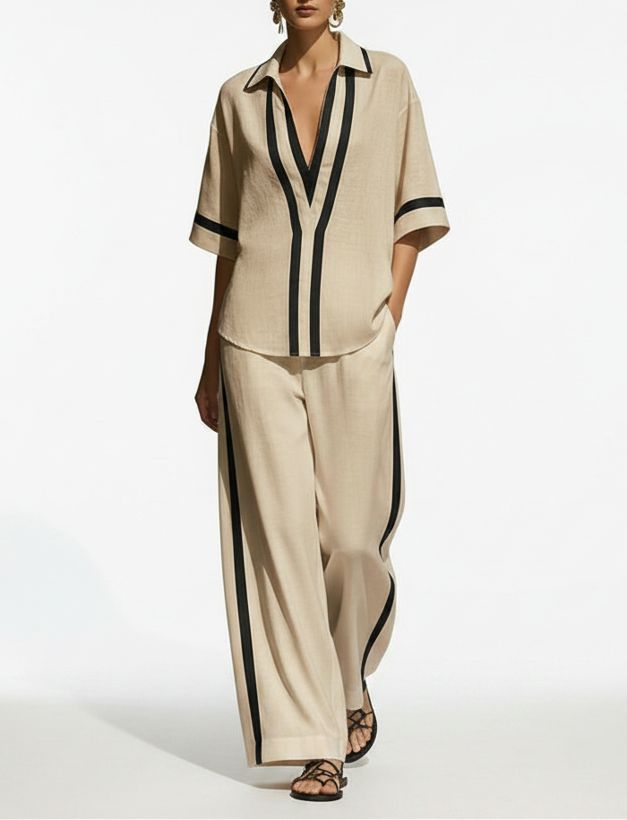 Deep V Contrast Blouse & Wide-Leg Set
