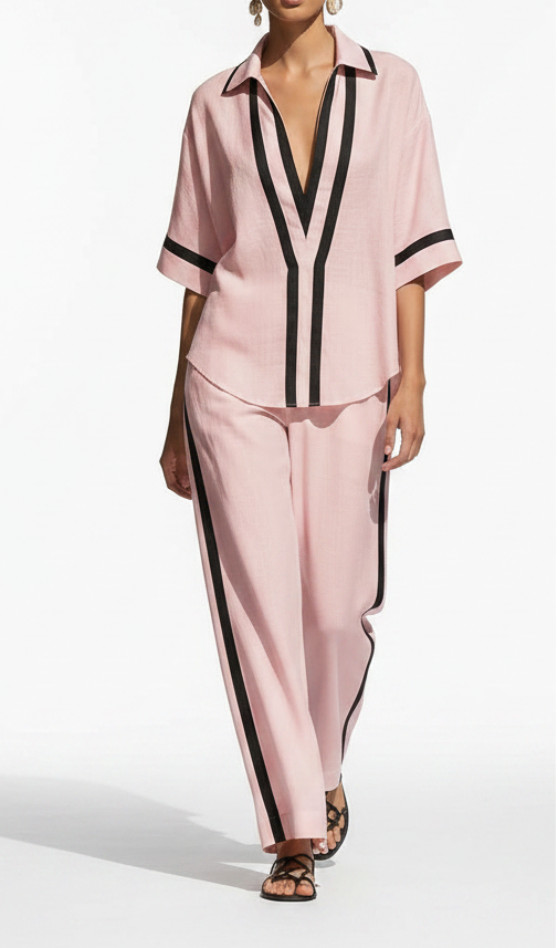 Deep V Contrast Blouse & Wide-Leg Set