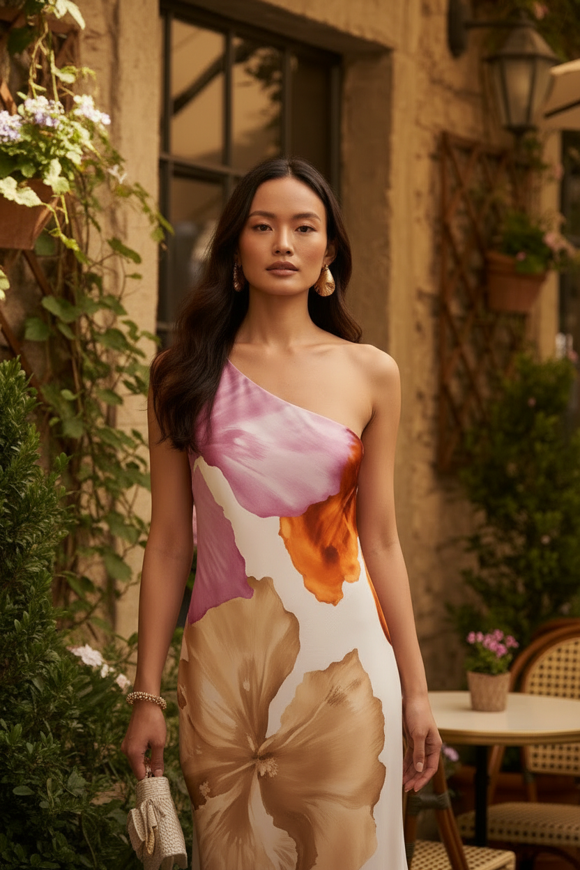 One-Shoulder Floral Ruffle Dress