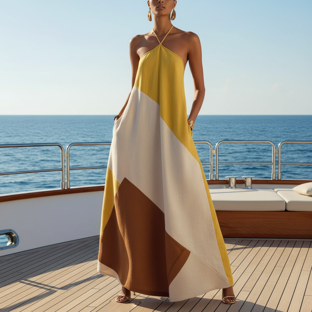 Geometric Block Boho Halter Dress