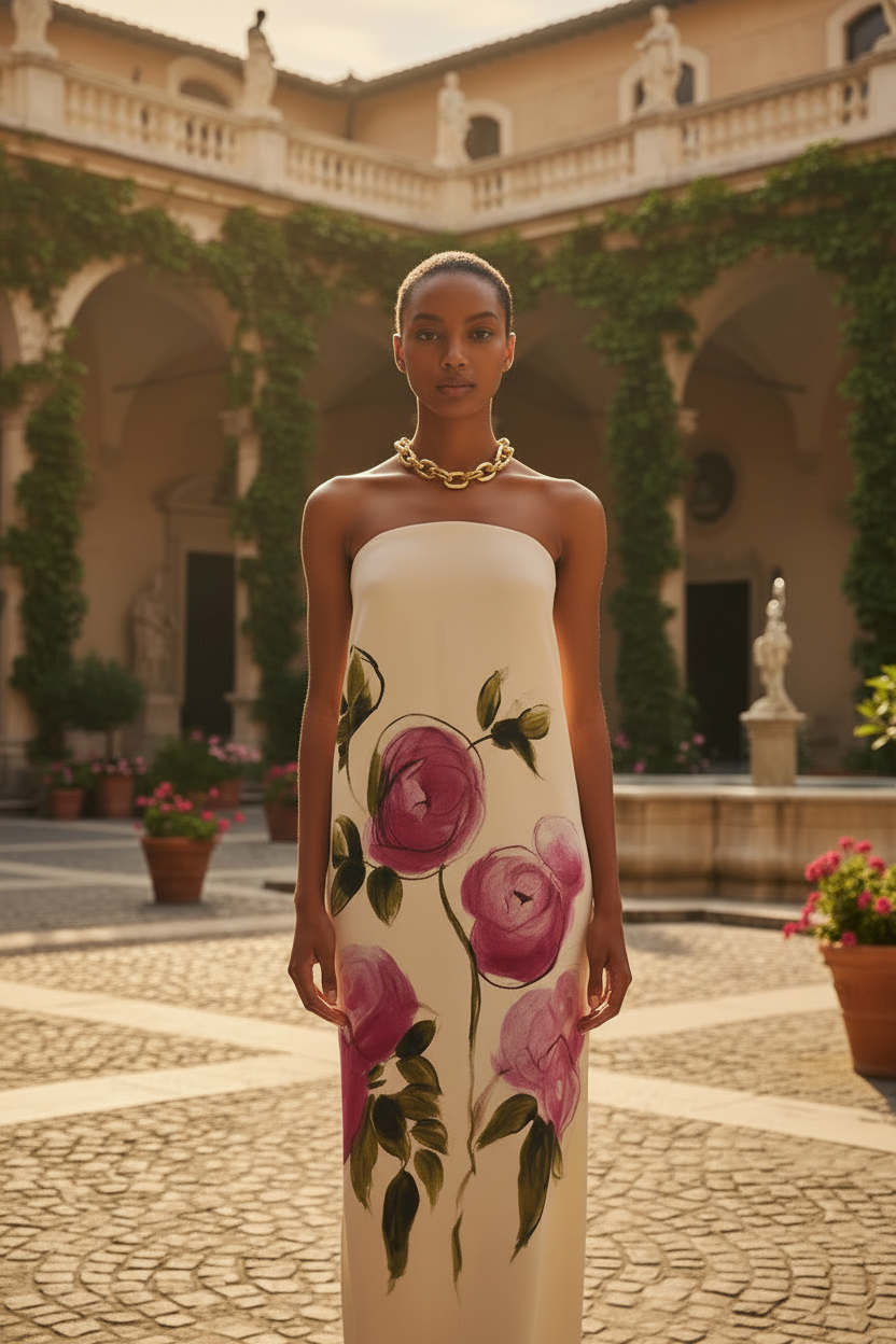Bandeau Rose Blossom Print Dress