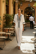 Deep V Contrast Blouse & Wide-Leg Set
