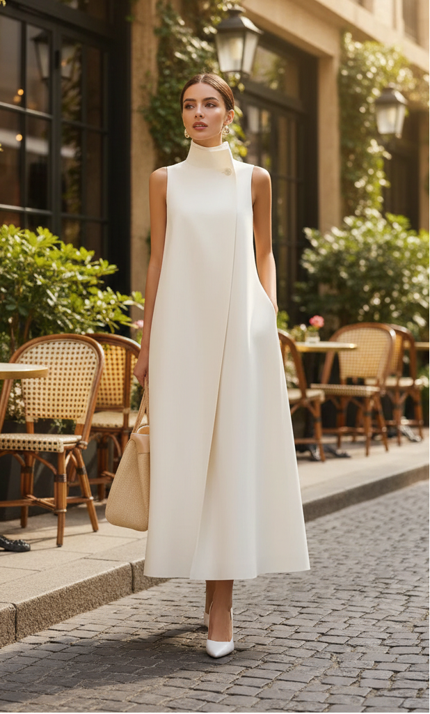 Stand-Collar Button Vest Dress