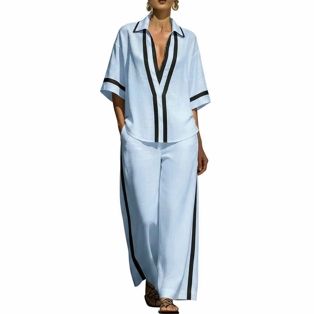 Deep V Contrast Blouse & Wide-Leg Set