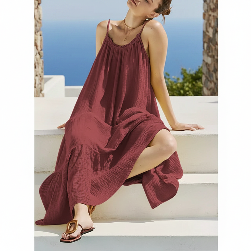 Muslin Cotton Ruched Maxi Dress