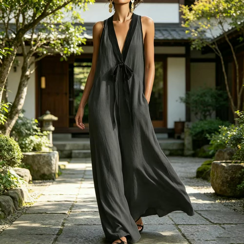 Deep V Neck with Bow Maxi Dress