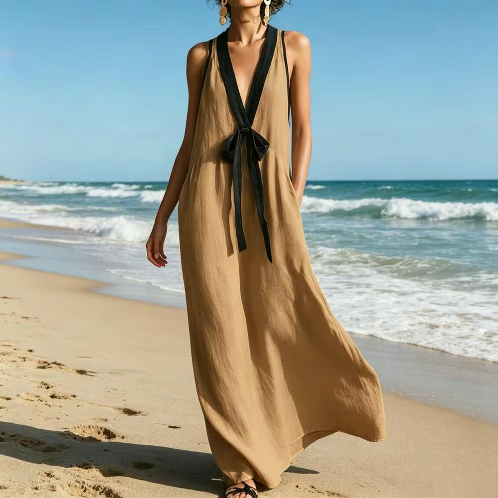 Deep V Neck with Bow Maxi Dress