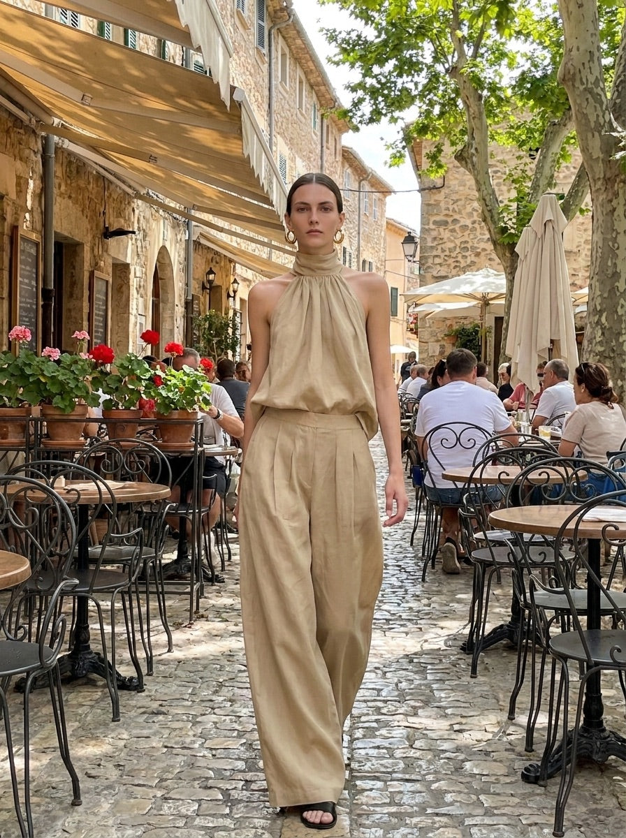 Mock Neck Halter Top & Wide-Leg Pant Set