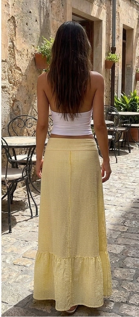 Yellow Pin-Striped High-Waist Maxi Skirt